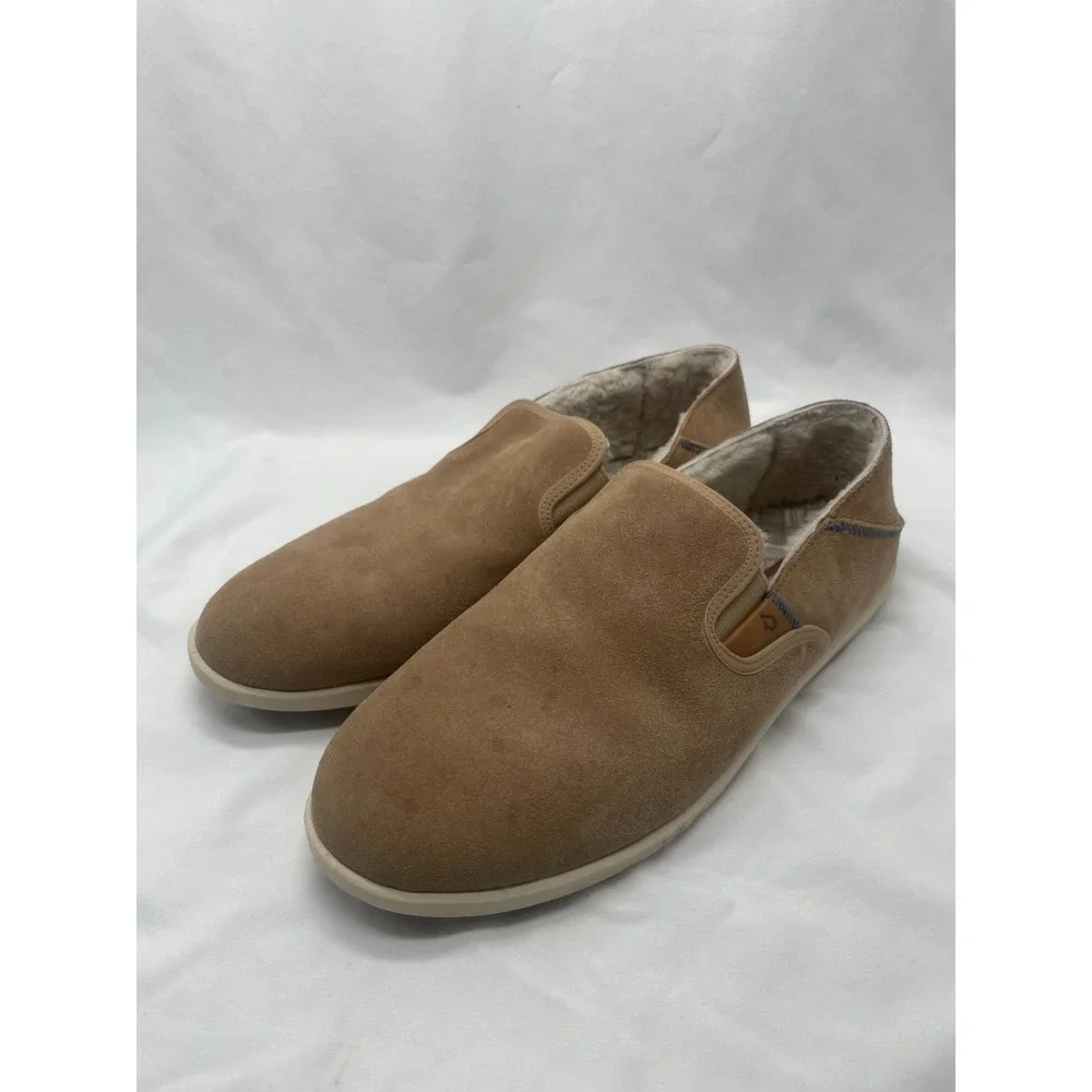 Olukai Shoes Mens 12 Hele Malie Tan Leather‎ Suede Wool Lining